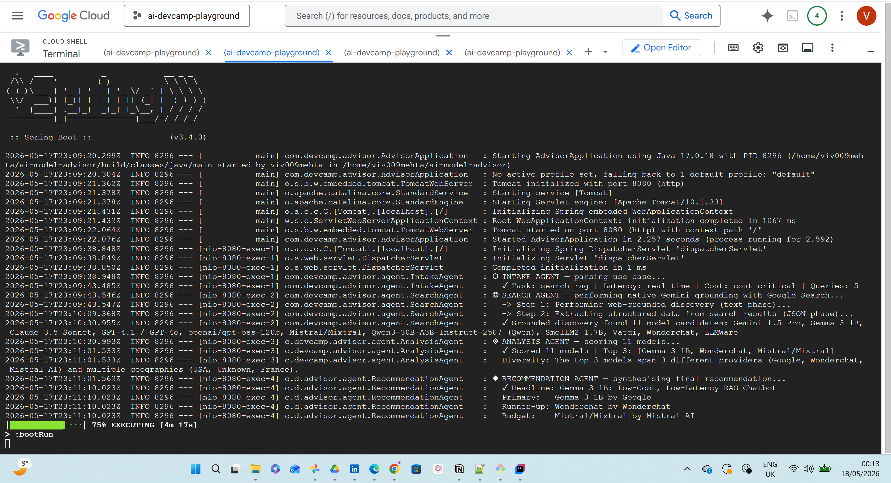 Cloud Shell terminal showing Spring Boot startup and AI Model Advisor agent logs