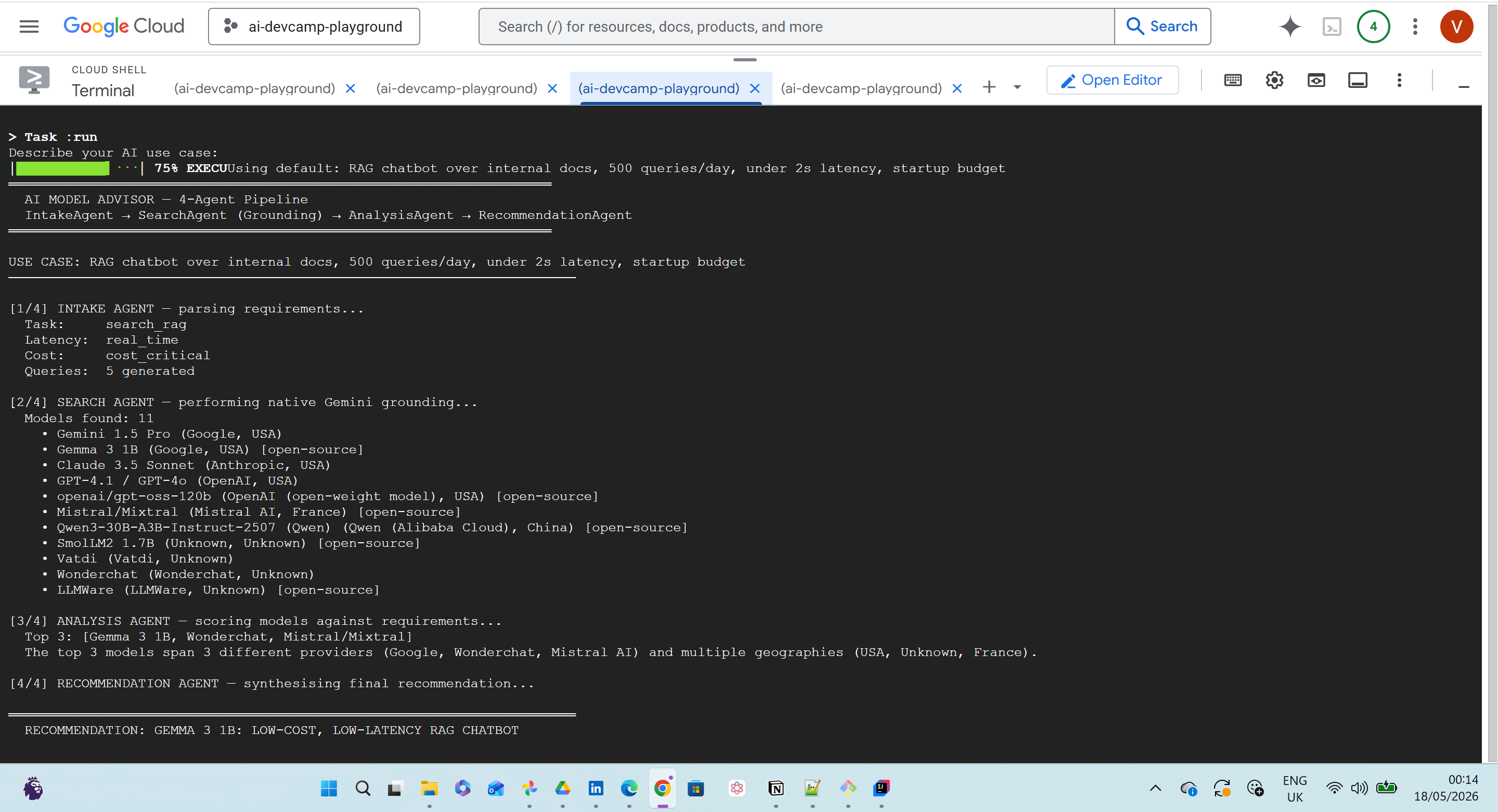 Cloud Shell terminal showing AI Model Advisor pipeline startup, intake results, search results, and analysis summary