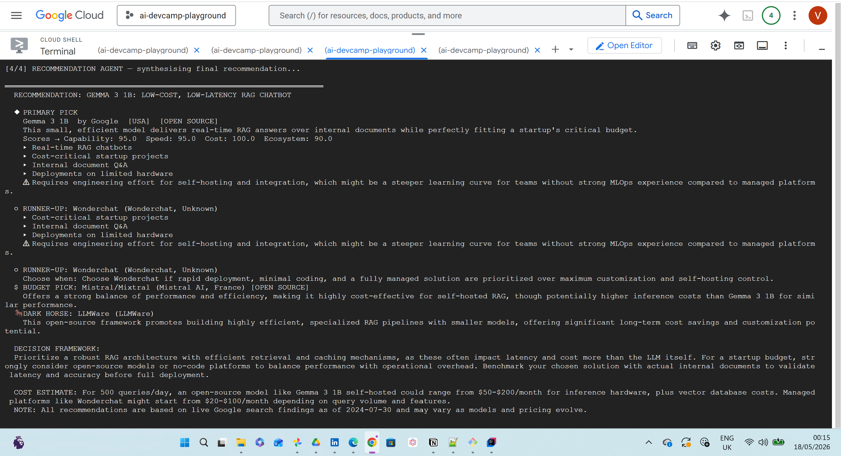 Cloud Shell terminal showing final AI model recommendation details