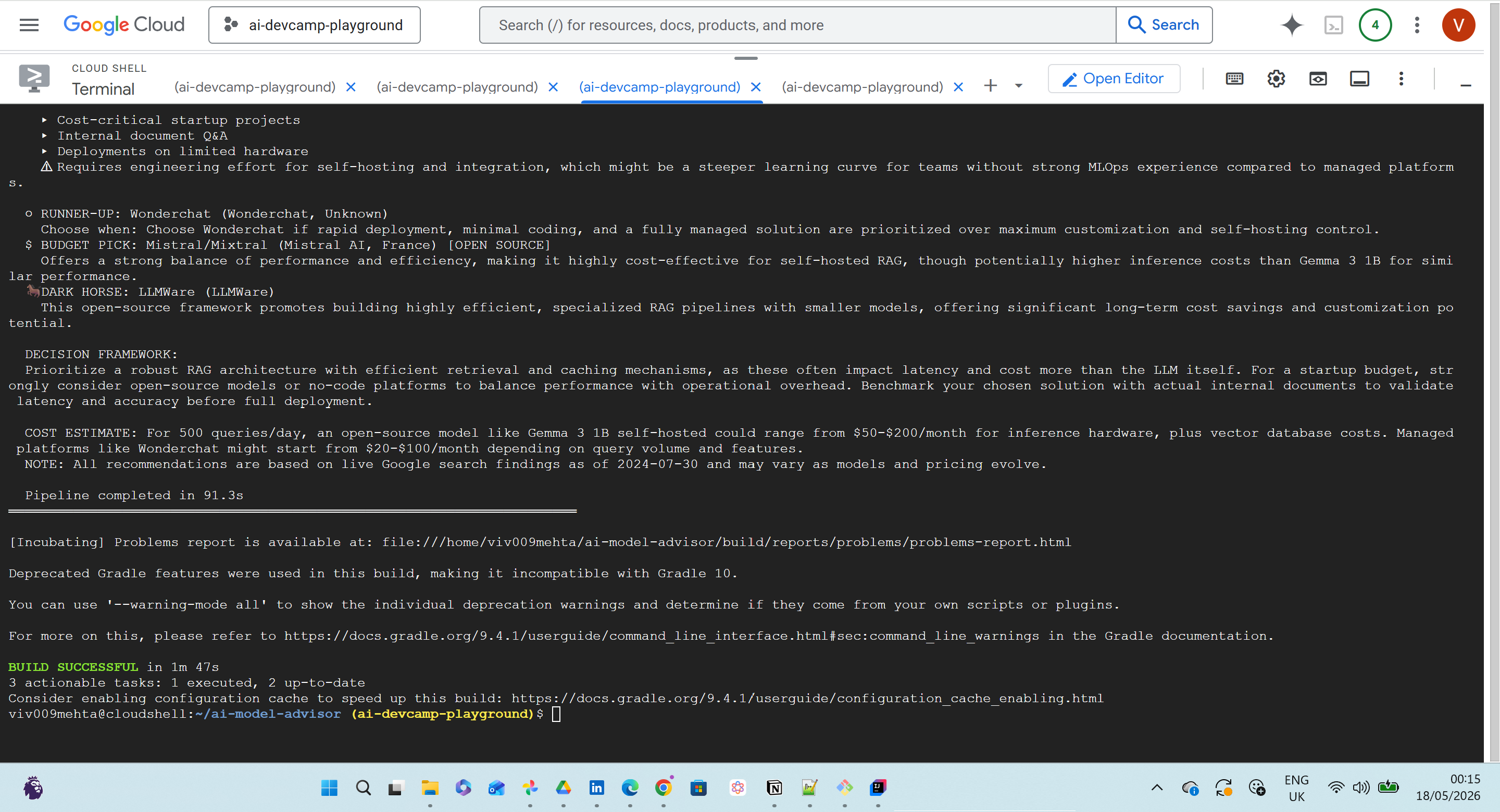 Cloud Shell terminal showing completed recommendation output and build successful message